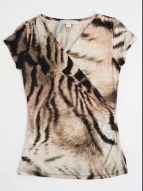 Boston Proper Tiger Print Faux Wrap Top Size XS Y2K Animal Print Blouse